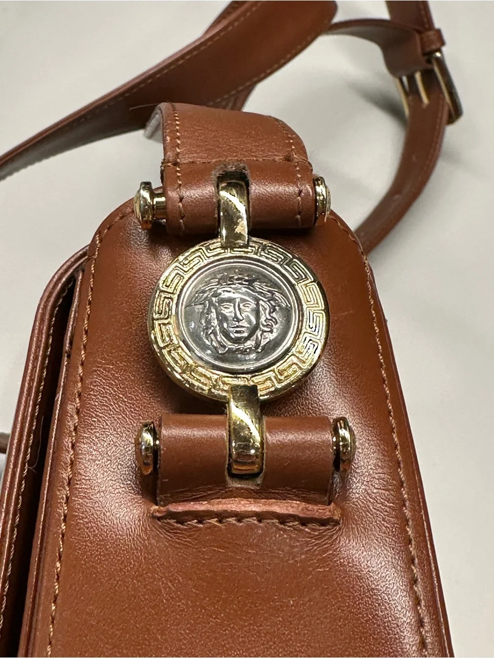 Vintage Gianni Versace Cognac Leather Crossbody with Medusa Relief